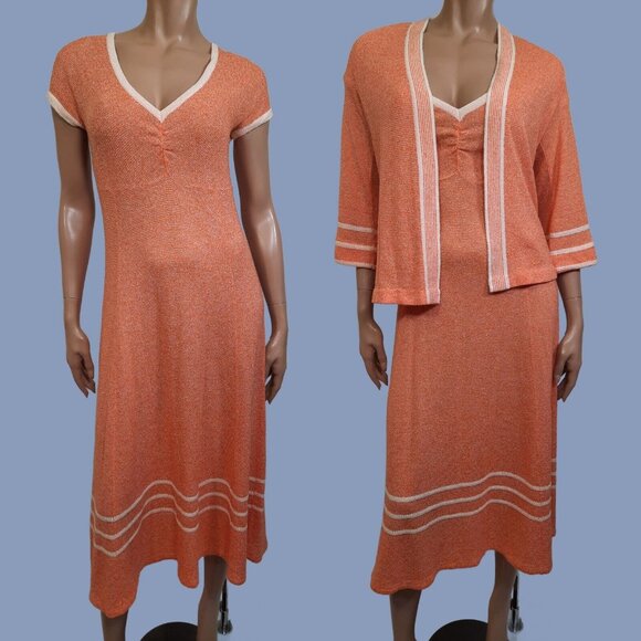 Vintage 70s Long Sweater Dress Cardigan 2 Piece Set Orange White Striped Size M - Picture 1 of 10